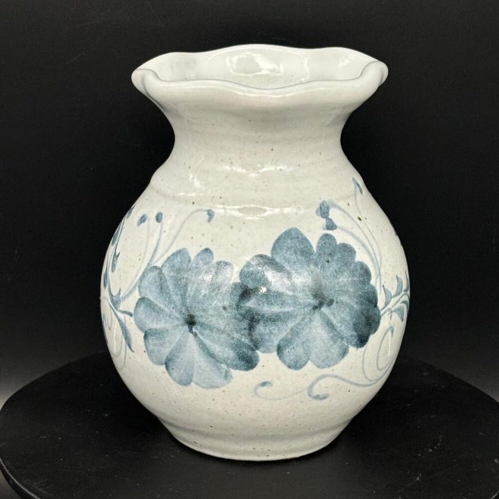 Vintage Studio Art Pottery Blue Floral Design Stoneware Vase 5" Signed